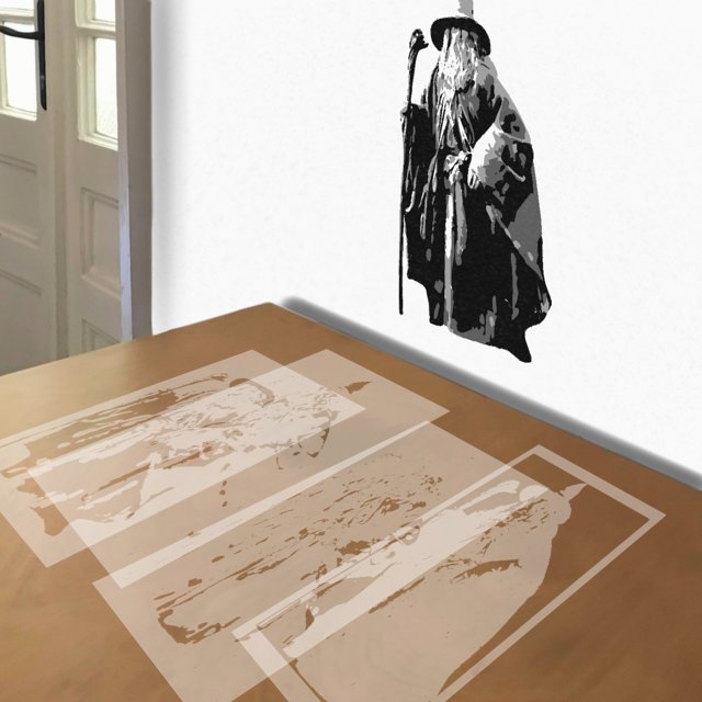 Standing Gandalf stencil in 4 layers, simulated painting