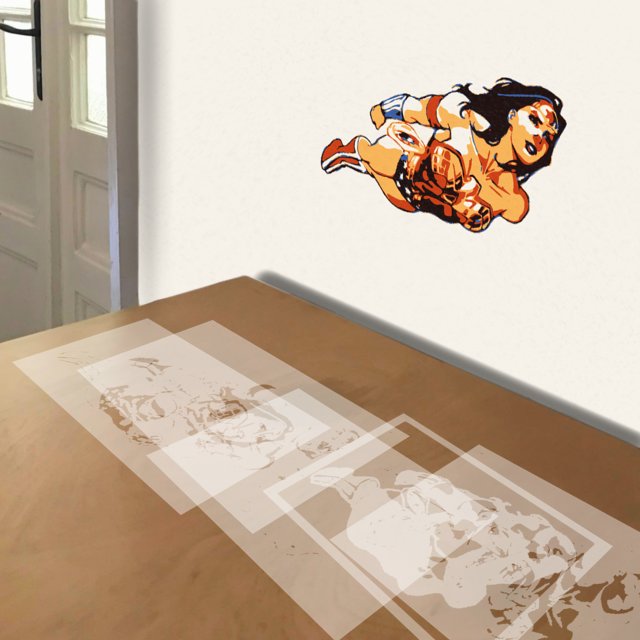 Wonder Woman Flying stencil in 5 layers, simulated painting