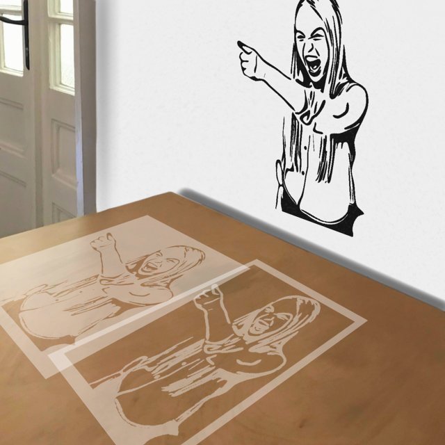 Girl Laughing and Pointing stencil in 2 layers, simulated painting