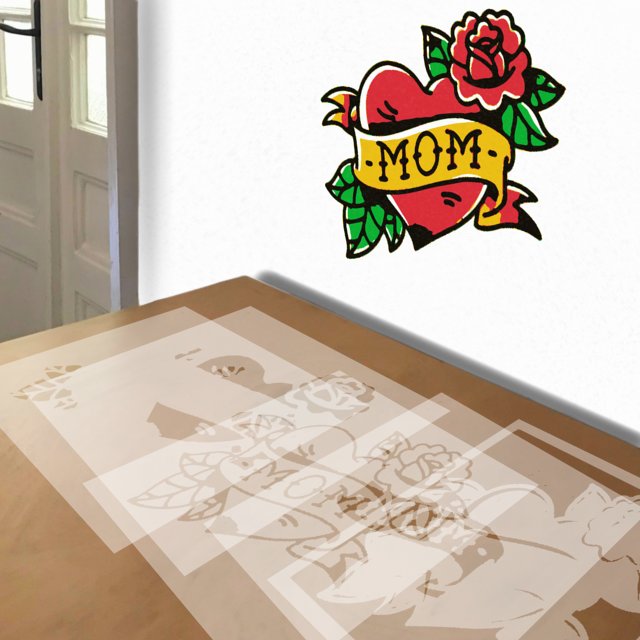 Mom Tattoo stencil in 5 layers, simulated painting