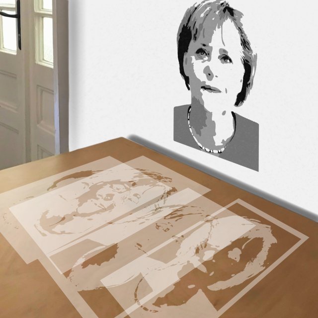 Angela Merkel stencil in 4 layers, simulated painting