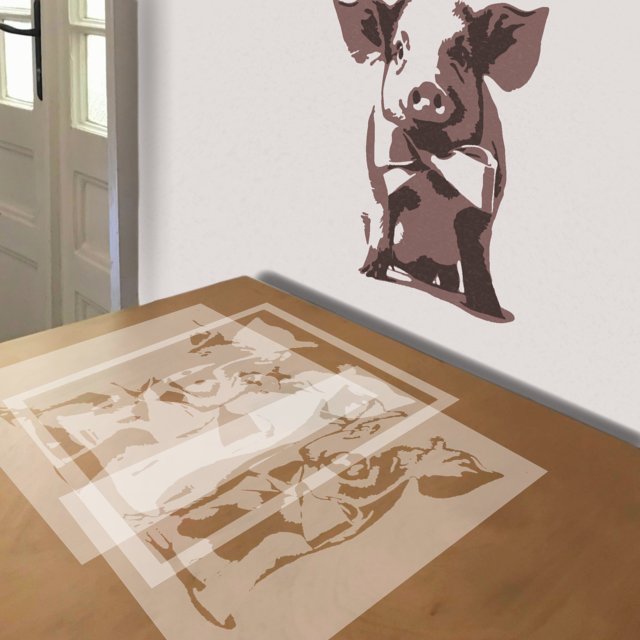 Valentine Piglet stencil in 3 layers, simulated painting