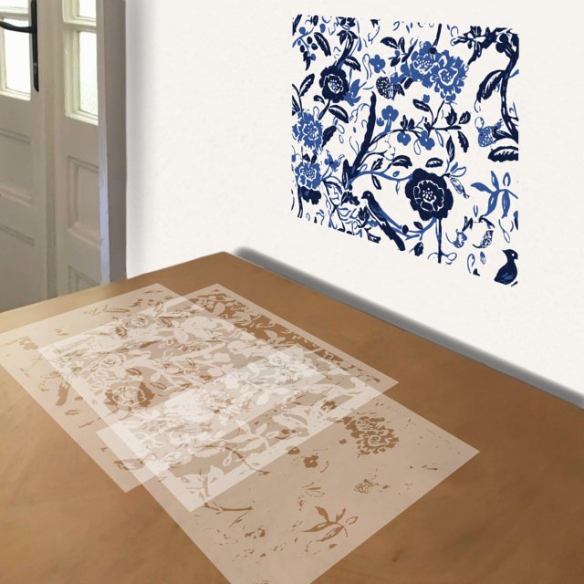 Chinoiserie stencil in 3 layers, simulated painting