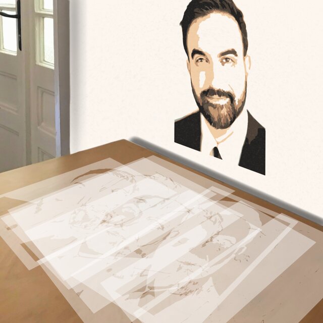 Zohran Mamdani stencil in 8 layers, simulated painting