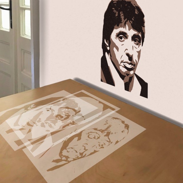 Al Pacino as Scarface stencil in 3 layers, simulated painting
