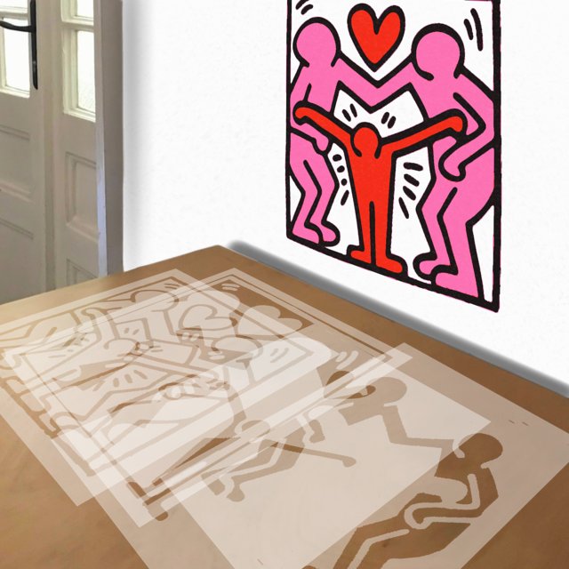 Family by Keith Haring stencil in 4 layers, simulated painting