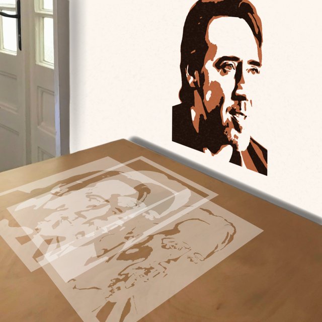 Nicholas Cage stencil in 3 layers, simulated painting