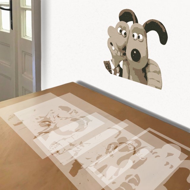 Wallace and Gromit stencil in 5 layers, simulated painting