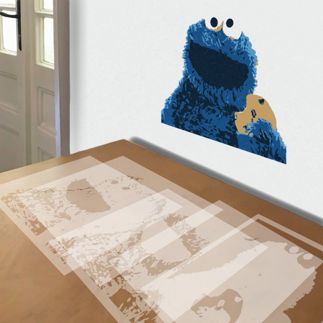Cookie Monster stencil in 5 layers, simulated painting