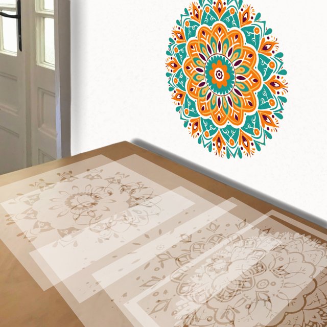 Rangoli in Orange and Turquoise stencil in 5 layers, simulated painting