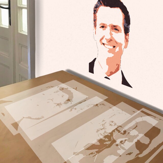 Gavin Newsom stencil in 5 layers, simulated painting