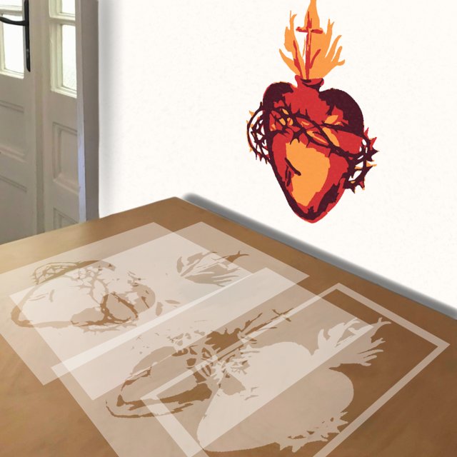 Sacred Heart stencil in 4 layers, simulated painting