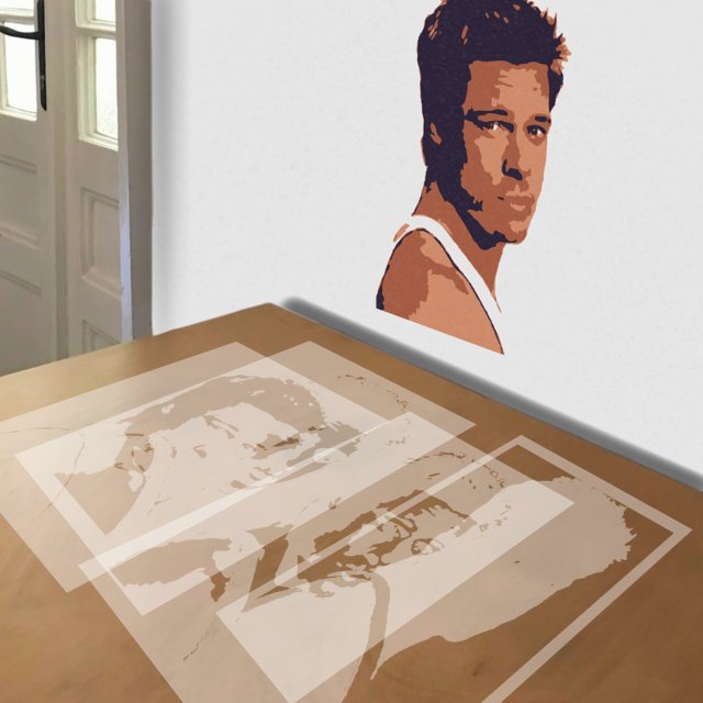 Brad Pitt stencil in 4 layers, simulated painting