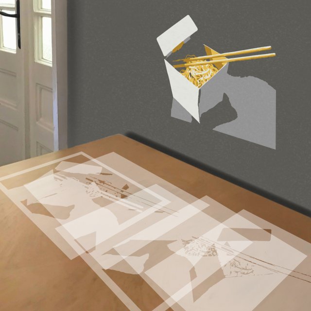 Chinese Noodles stencil in 5 layers, simulated painting