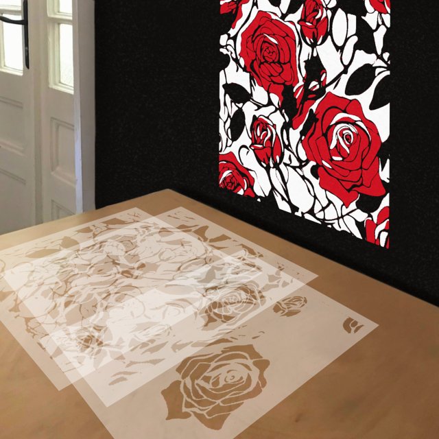 Roses stencil in 3 layers, simulated painting