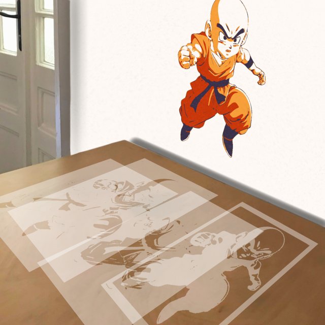 Krillin stencil in 4 layers, simulated painting