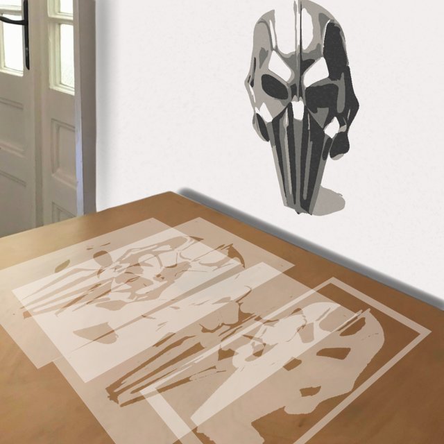 MF Doom Mask stencil in 4 layers, simulated painting