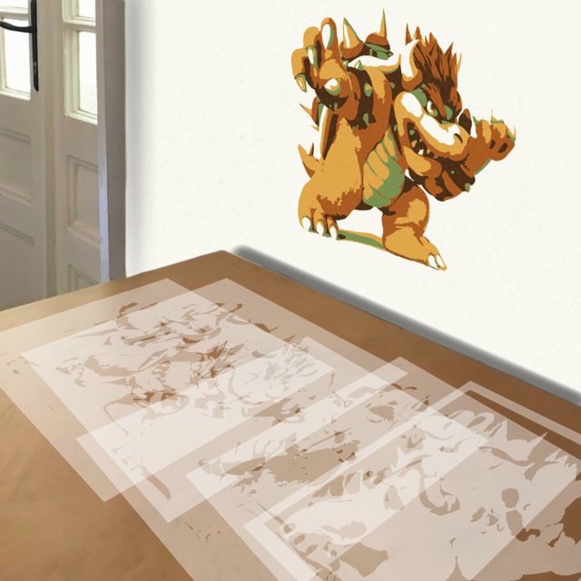 Bowser stencil in 5 layers, simulated painting