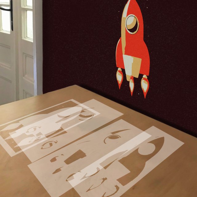 Cute Spaceship stencil in 4 layers, simulated painting