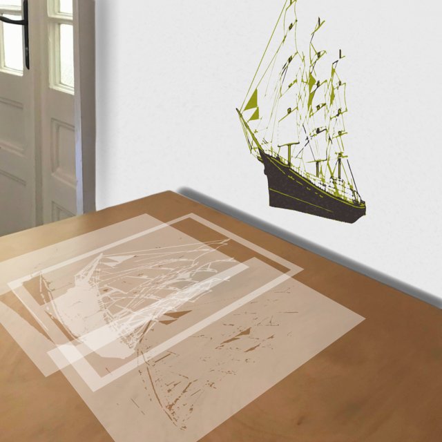 Three-Masted Sailing Ship stencil in 3 layers, simulated painting