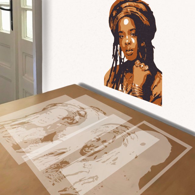 Lauryn Hill stencil in 4 layers, simulated painting