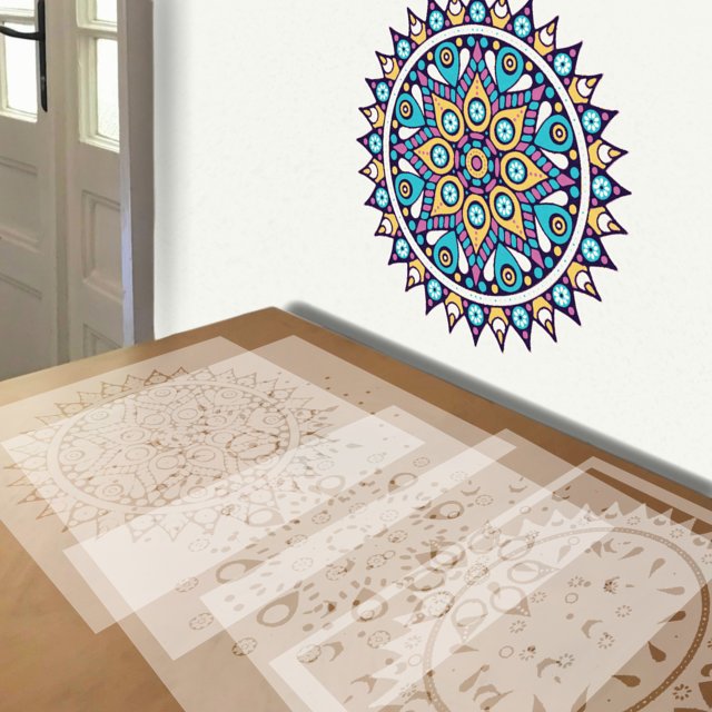 Mandala in Many Colors stencil in 5 layers, simulated painting