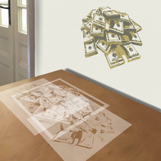 Stack of Cash stencil in 3 layers, simulated painting